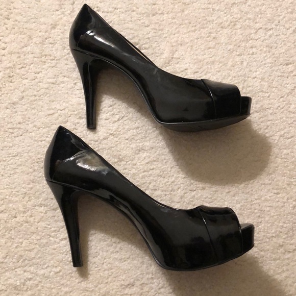 Nine West peep toe pumps high heels black shiny patent leather sexy prom evening - Picture 2 of 7